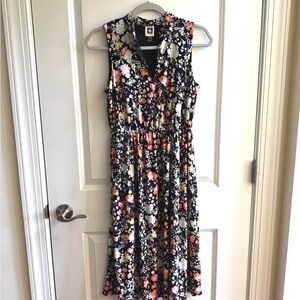 Anne Klein Navy Floral Midi Dress with Coral and Creamy White Blooms